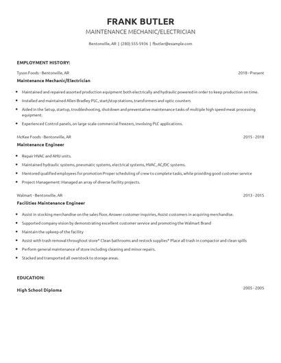 Maintenance Mechanic/Electrician Resume