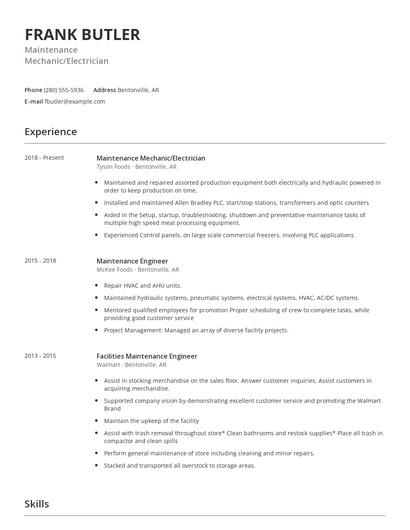 Maintenance Mechanic/Electrician Resume