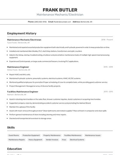 Maintenance Mechanic/Electrician Resume