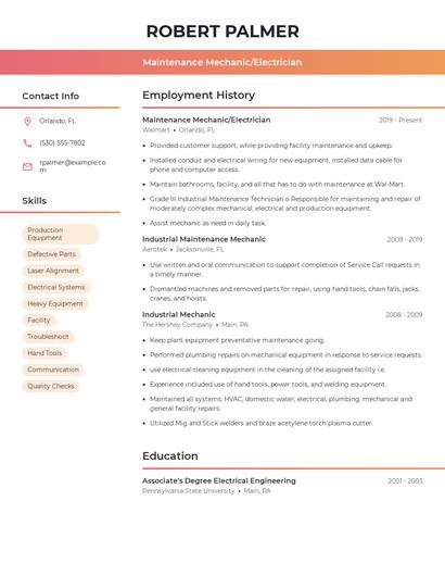 Maintenance Mechanic/Electrician Resume