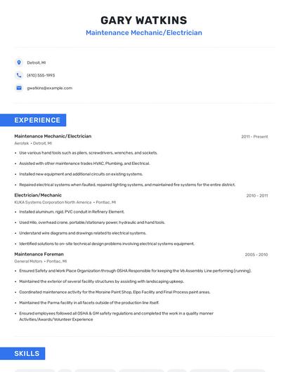Maintenance Mechanic/Electrician Resume