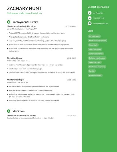 Maintenance Mechanic/Electrician Resume