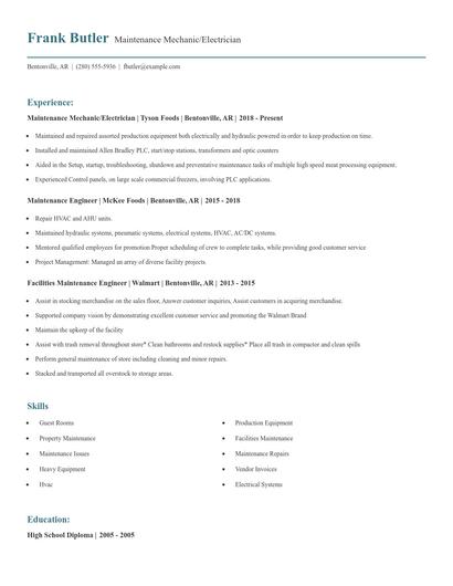 Maintenance Mechanic/Electrician Resume