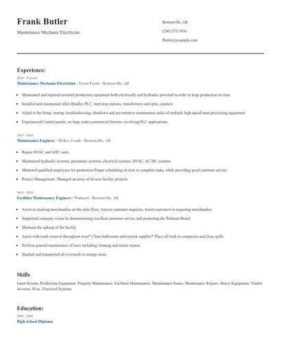 Maintenance Mechanic/Electrician Resume