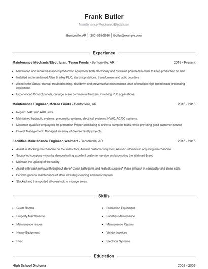 Maintenance Mechanic/Electrician Resume