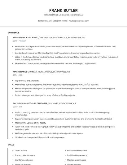 Maintenance Mechanic/Electrician Resume