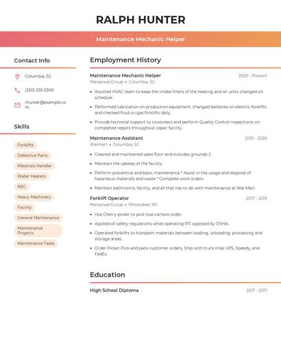Maintenance Mechanic Helper Resume