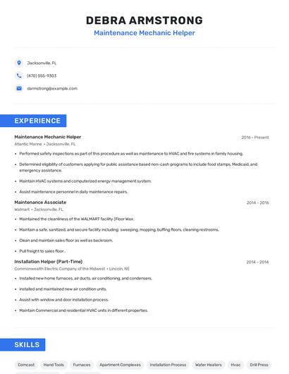 Maintenance Mechanic Helper Resume
