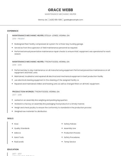 Maintenance Mechanic Helper Resume