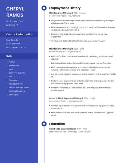 Maintenance Millwright Resume