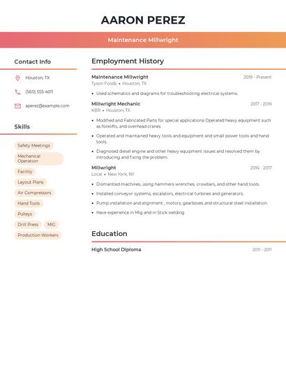 Maintenance Millwright Resume