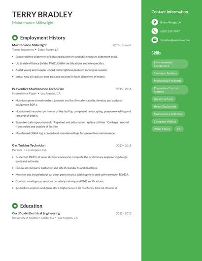 Maintenance Millwright Resume