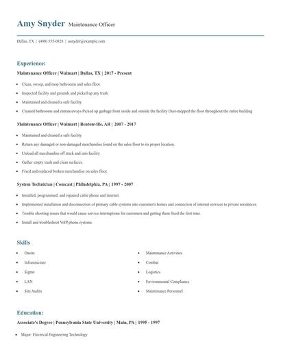 Maintenance Officer Resume