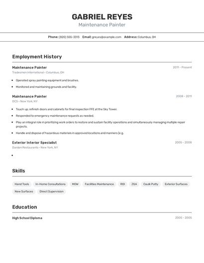 Maintenance Painter Resume