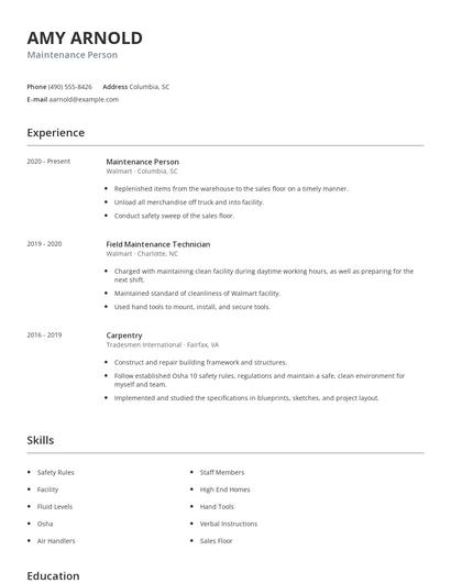 Maintenance Person Resume