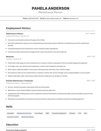 Maintenance Planner Resume