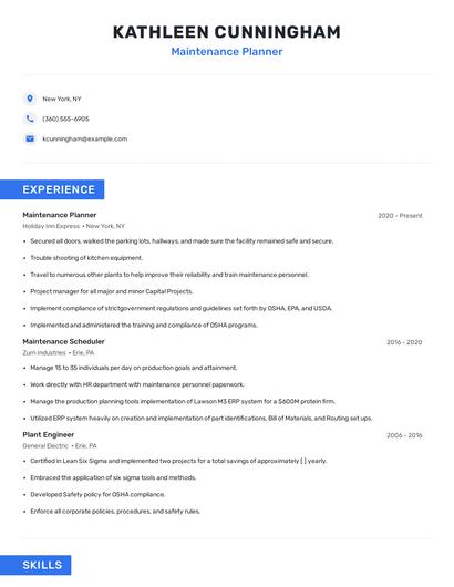 Maintenance Planner Resume