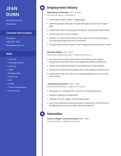 Maintenance Plumber Resume