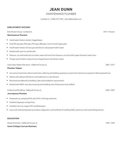Maintenance Plumber Resume