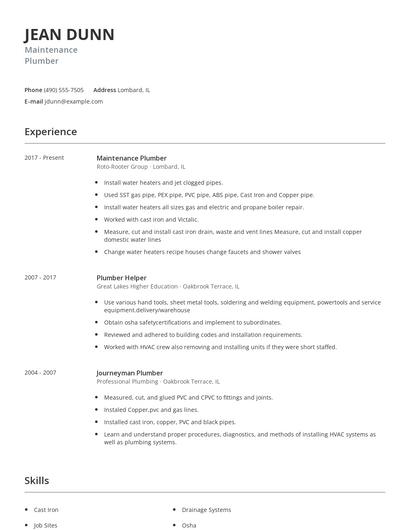 Maintenance Plumber Resume