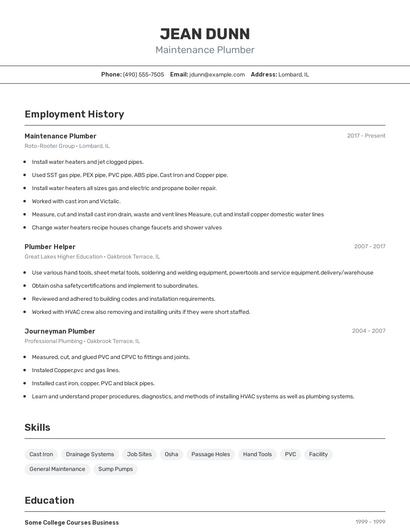 Maintenance Plumber Resume