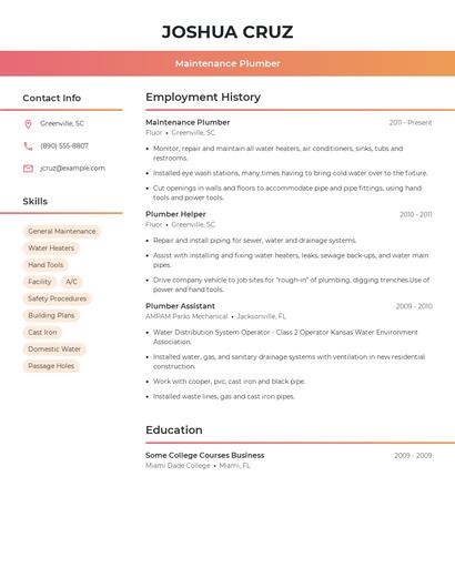 Maintenance Plumber Resume