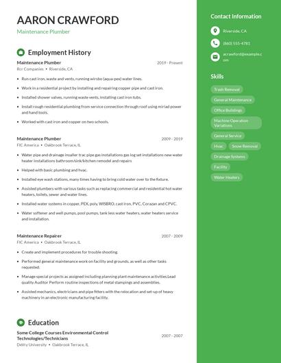 Maintenance Plumber Resume