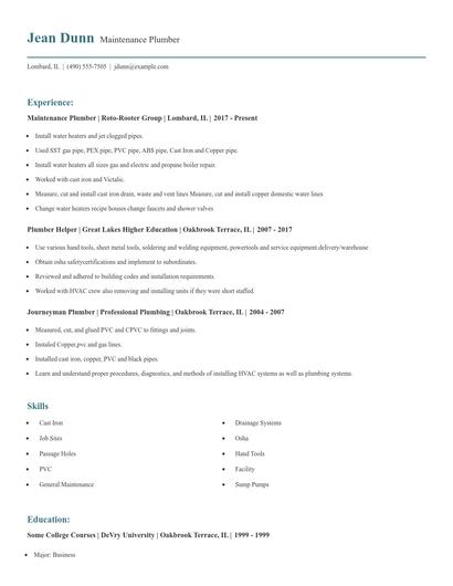 Maintenance Plumber Resume