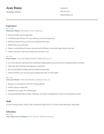 Maintenance Plumber Resume
