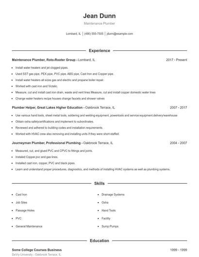 Maintenance Plumber Resume