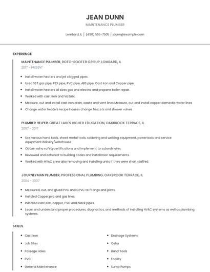 Maintenance Plumber Resume