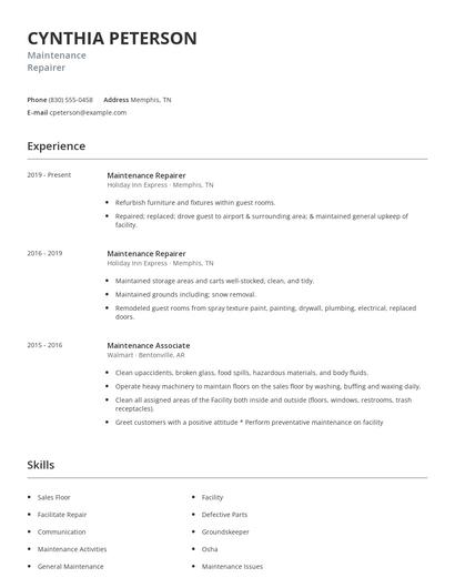 Maintenance Repairer Resume