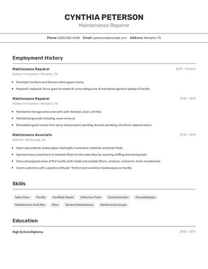 Maintenance Repairer Resume