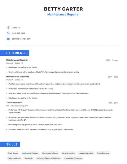 Maintenance Repairer Resume