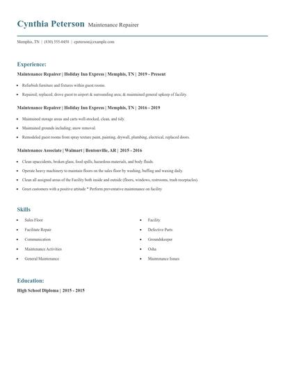 Maintenance Repairer Resume