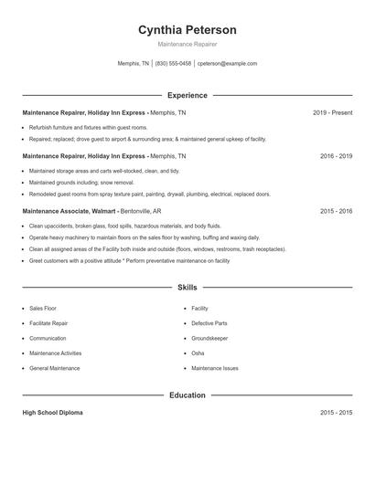 Maintenance Repairer Resume