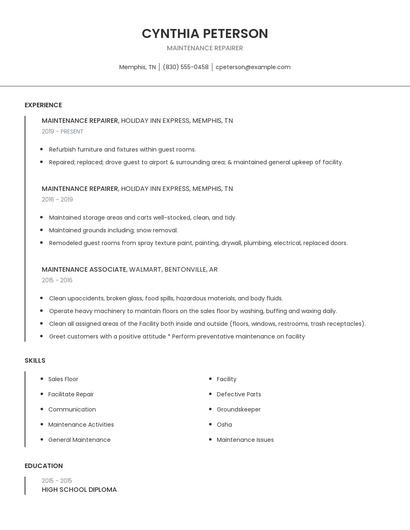 Maintenance Repairer Resume