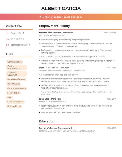 Maintenance Services Dispatcher Resume
