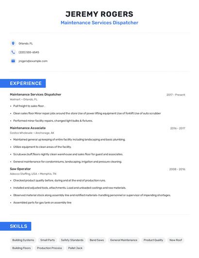 Maintenance Services Dispatcher Resume