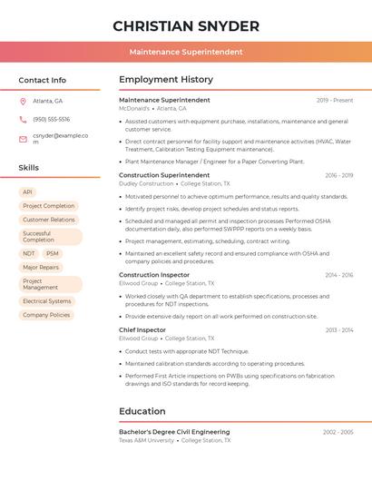 Maintenance Superintendent Resume