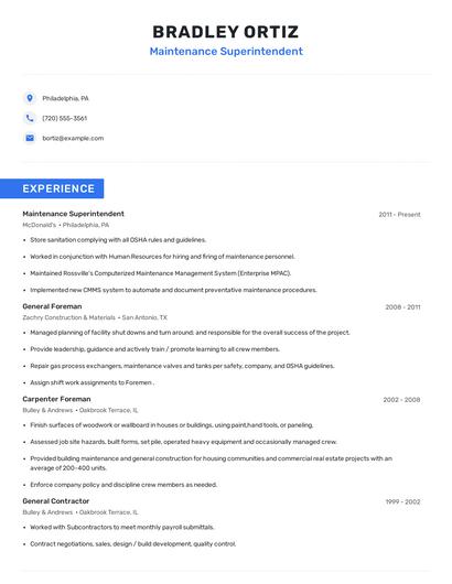 Maintenance Superintendent Resume