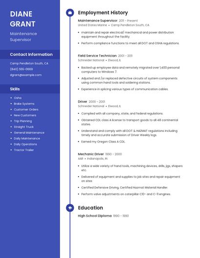Maintenance Supervisor Resume