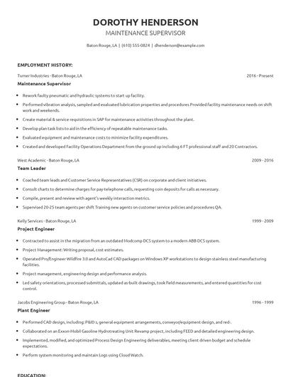 Maintenance Supervisor Resume