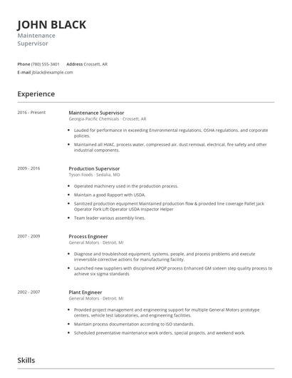 Maintenance Supervisor Resume