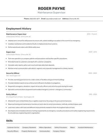 Maintenance Supervisor Resume