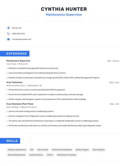 Maintenance Supervisor Resume