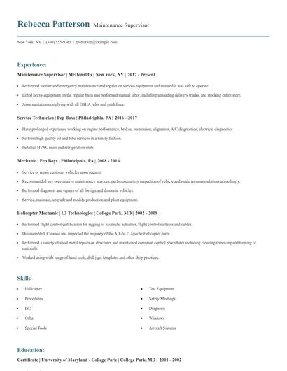Maintenance Supervisor Resume