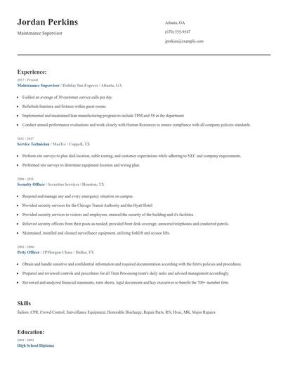 Maintenance Supervisor Resume