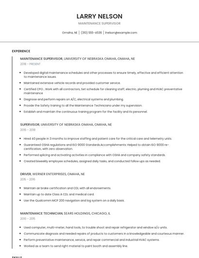 Maintenance Supervisor Resume