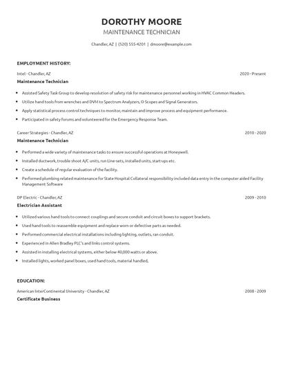 Maintenance Technician Resume